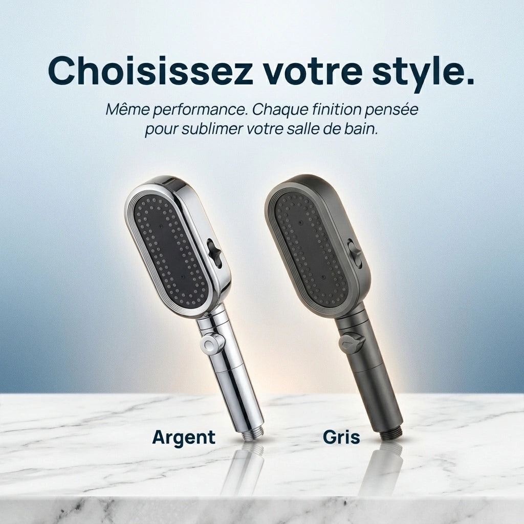 Variantes de couleur d’un pommeau de douche avec filtre noir et argent.