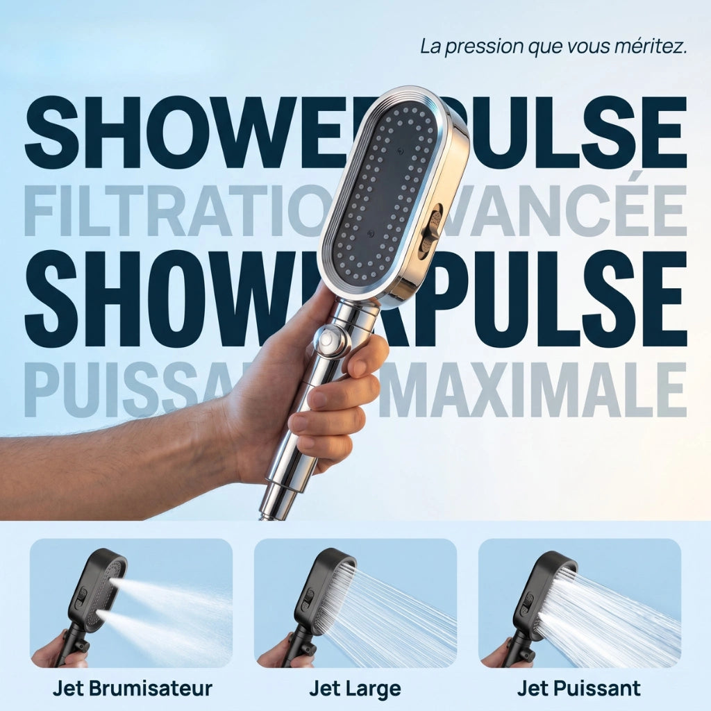 Pommeau de douche avec filtre anticalcaire modes de jet.