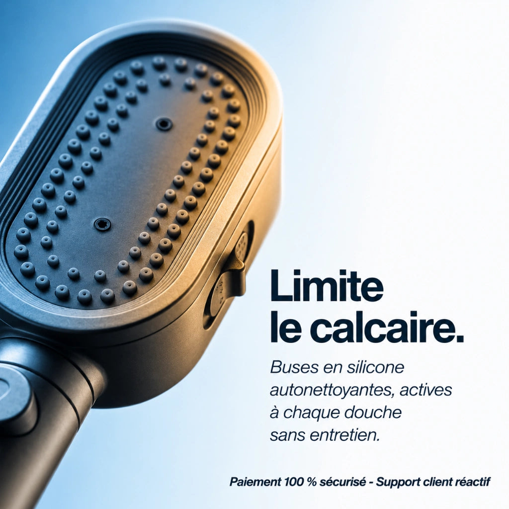 Détail d’un pommeau de douche avec filtre pour éliminer le calcaire.
