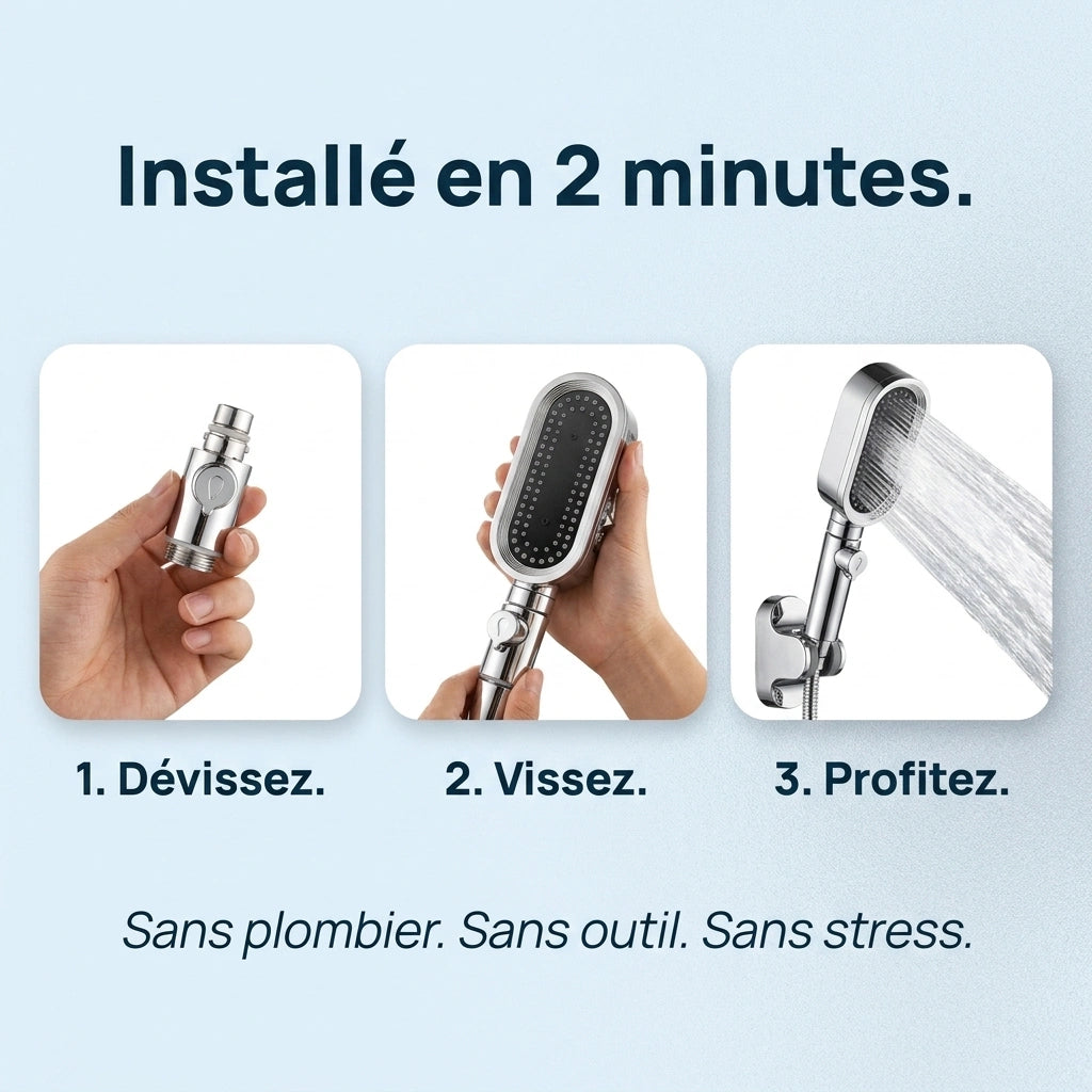 Comment visser le pommeau de douche avec filtre anticalcaire expliquéz en 3 vignettes.