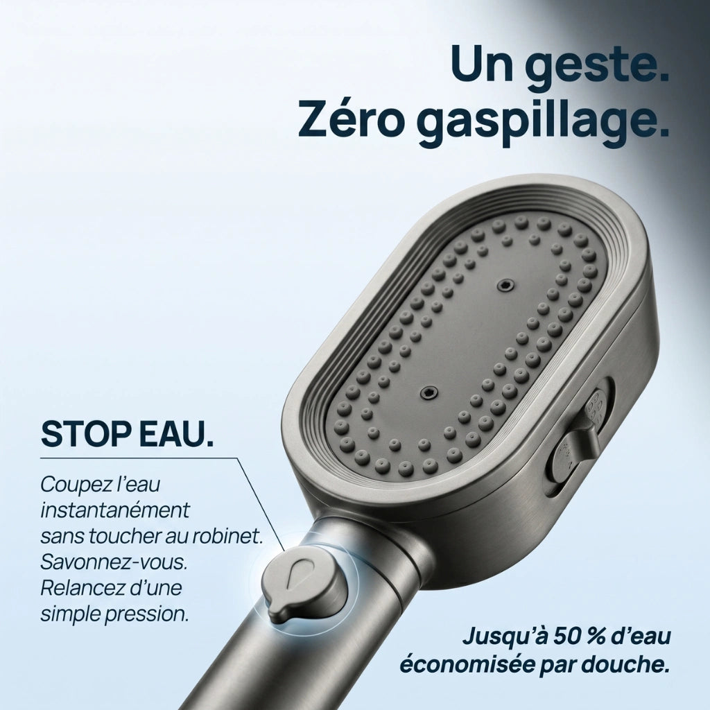 Bouton stop eau d'un pommeau de douche avec filtre anticalcaire et jet puissant