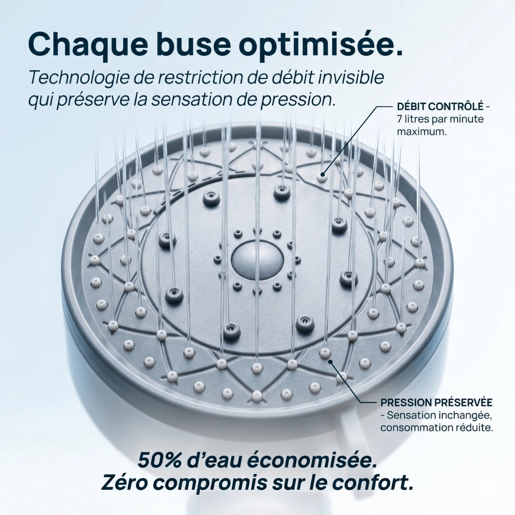 Pommeau de douche économique transparent avec filtre - détail des buses sur fond blanc