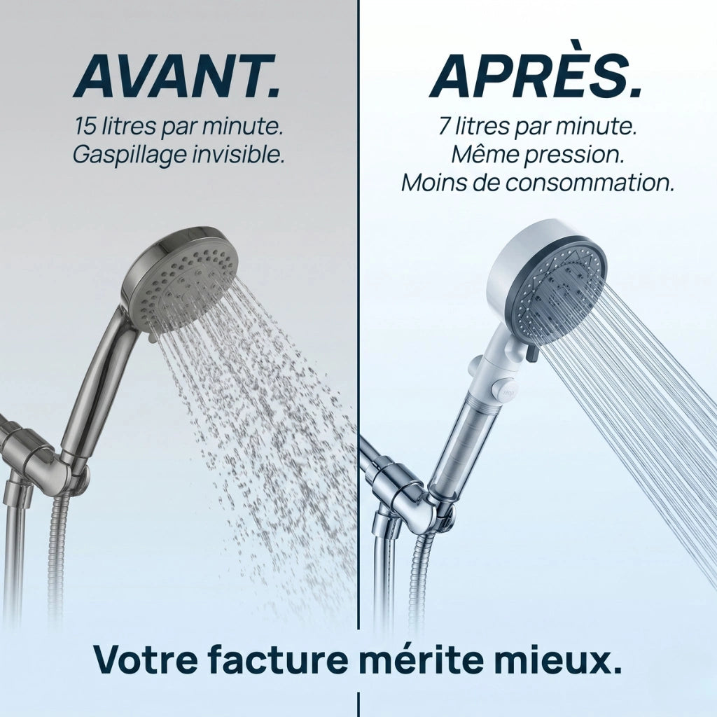 Pommeau de douche économique transparent avec filtre - vue de détail sur fond blanc