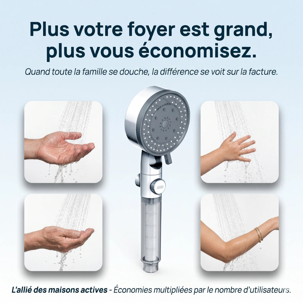 Pommeau de douche économique transparent avec filtre - détail du mécanisme sur fond blanc