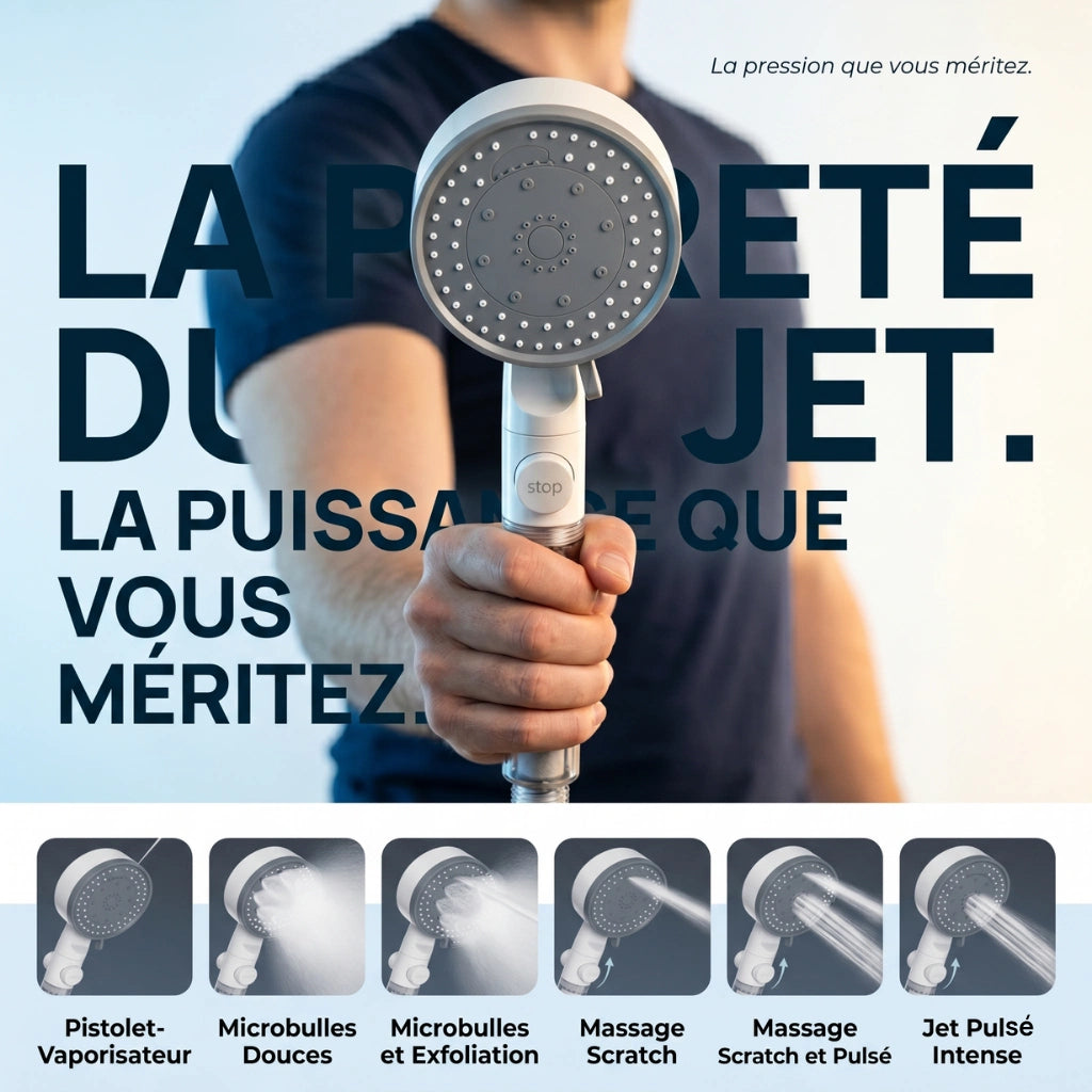 Pommeau de douche économique transparent avec filtre - vue de face sur fond blanc