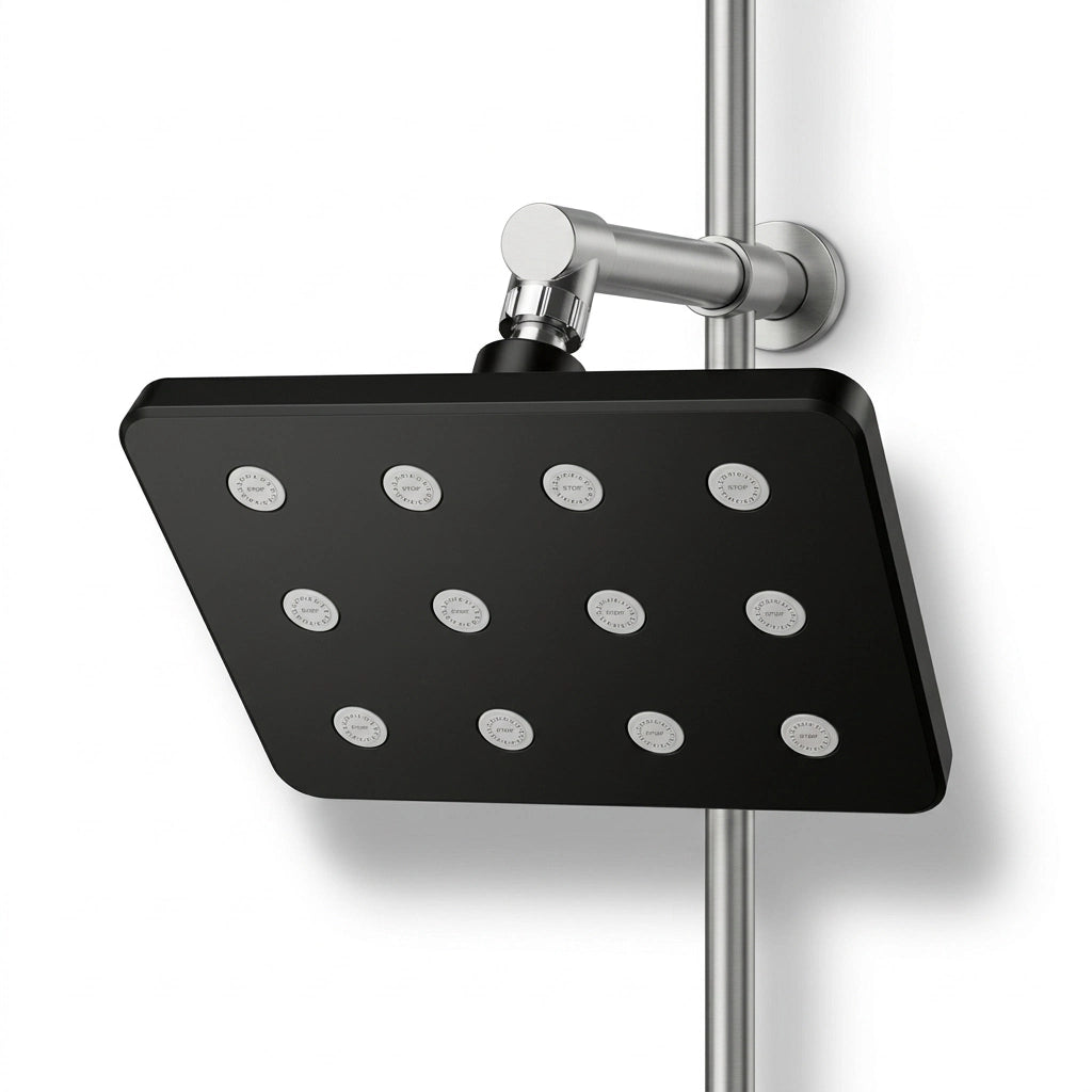 Pommeau de douche noir fixe antiblocage vu de face sur fond blanc