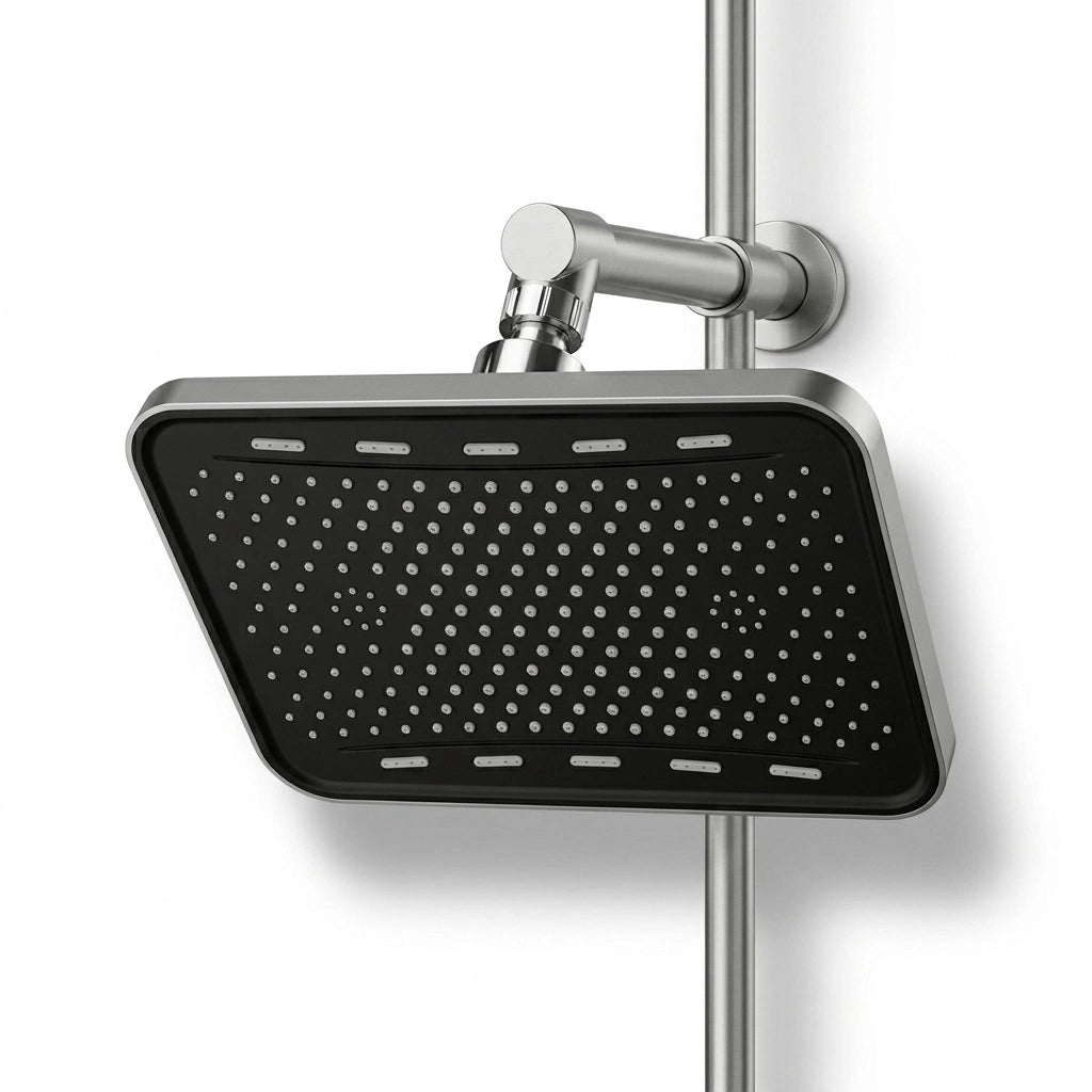 Pommeau de douche fixe grand panneau vu de face sur fond blanc