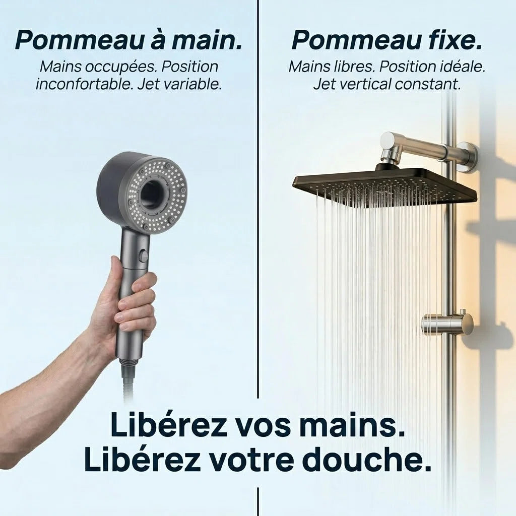 Pommeau de douche fixe haute pression - vue de côté sur fond blanc