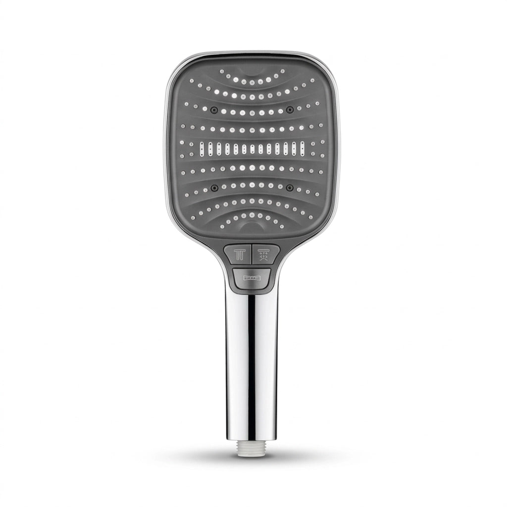 Pommeau de douche argent haute pression avec 8 modes de jet vu de face sur fond blanc