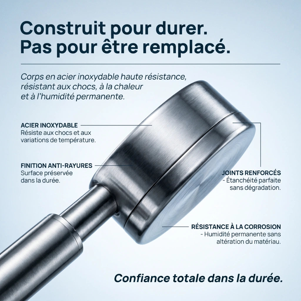 Pommeau de douche haute pression en acier inoxydable - vue de dos sur fond blanc