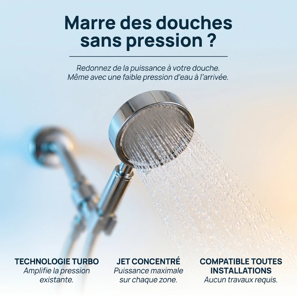 Pommeau de douche haute pression en acier inoxydable - vue de côté sur fond blanc