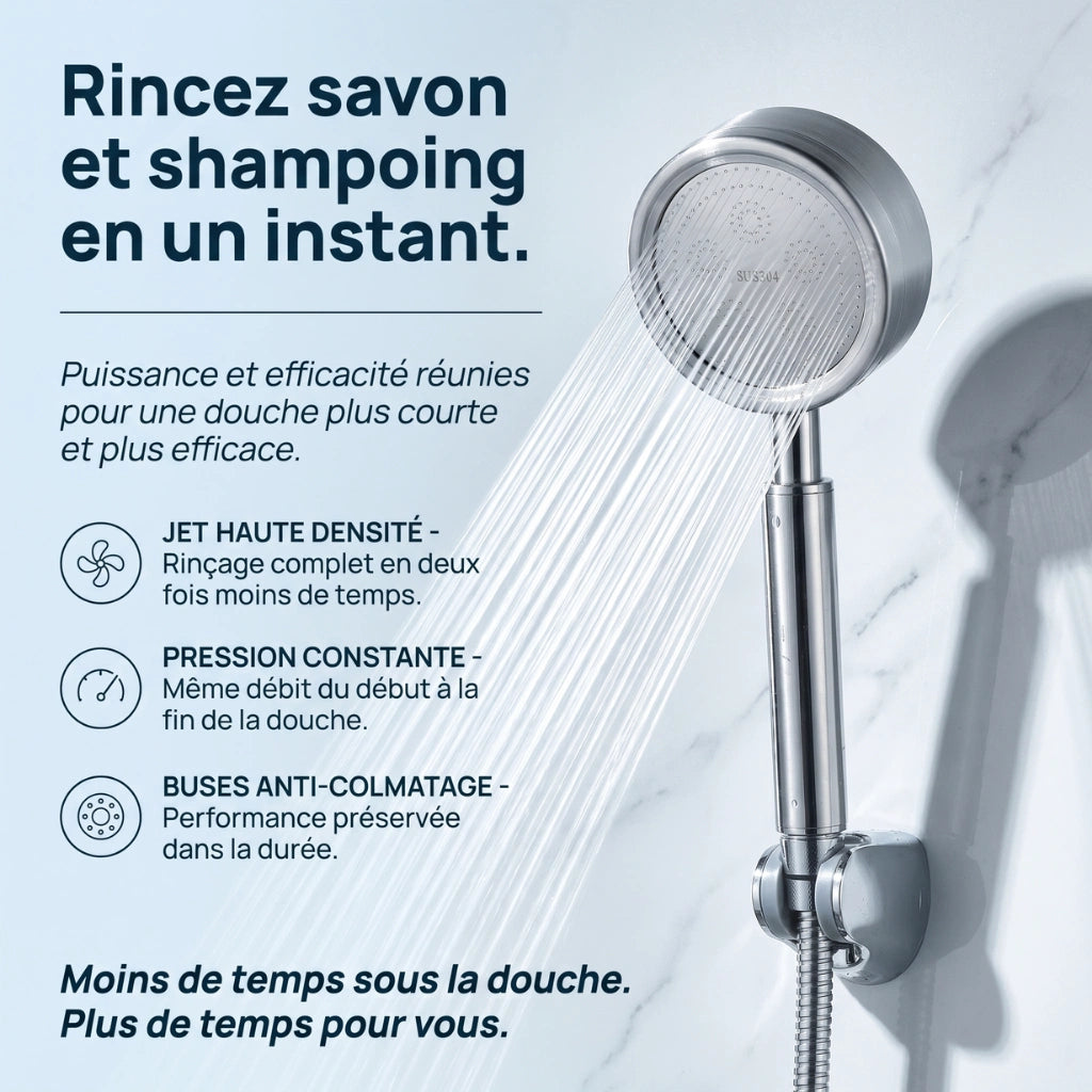 Pommeau de douche haute pression en acier inoxydable - en utilisation dans la douche