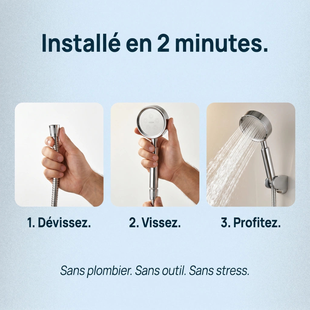 Pommeau de douche haute pression en acier inoxydable - vue de détail sur fond blanc