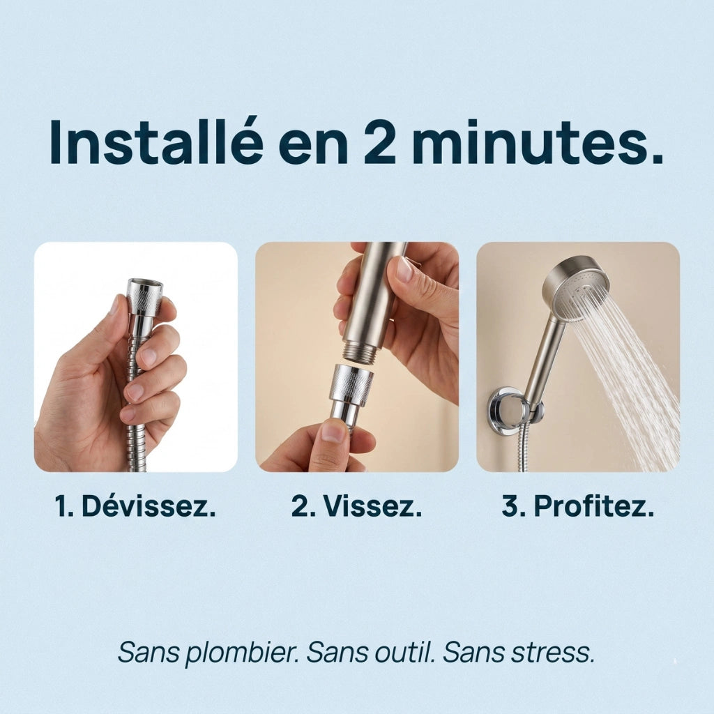 Pommeau de douche acier inoxydable haute pression pulvérisateur - vue de détail sur fond blanc
