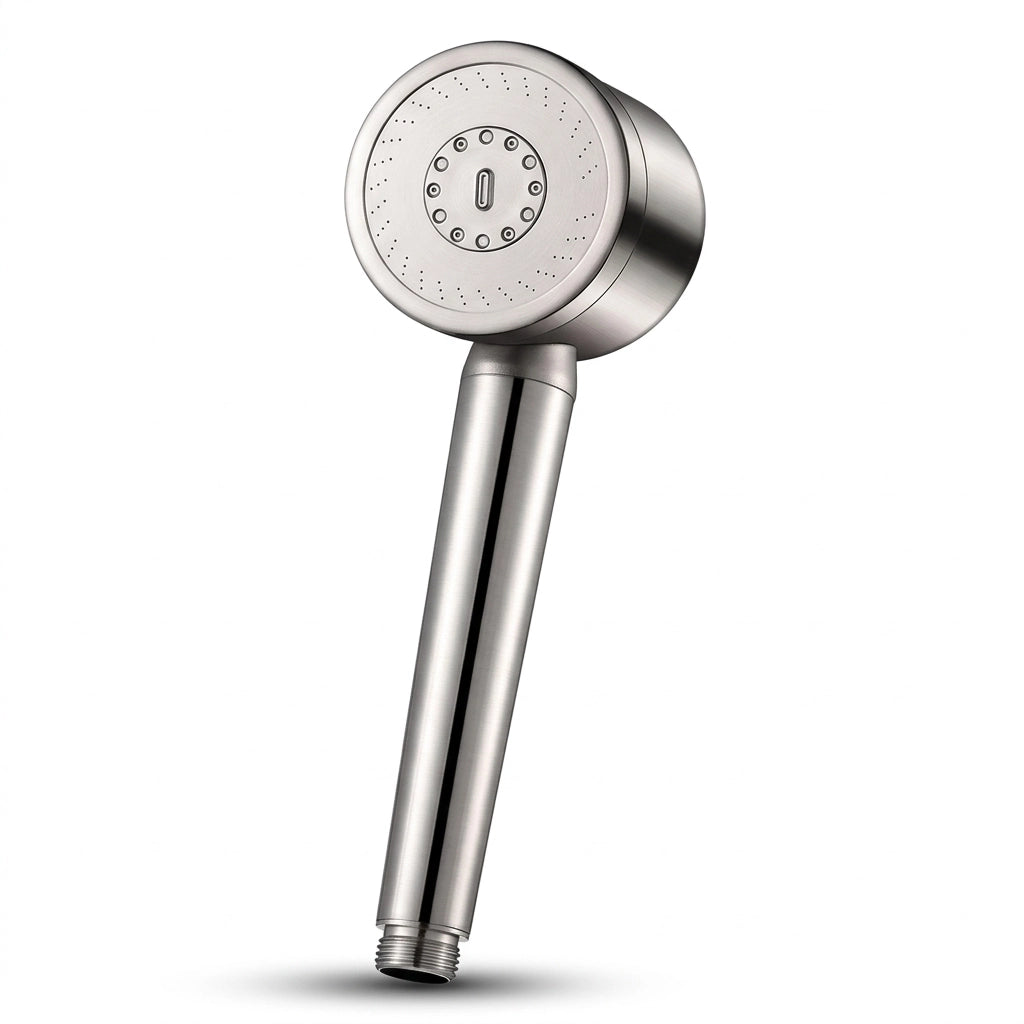 Pommeau de douche en acier inoxydable avec jet puissant présenté de côté