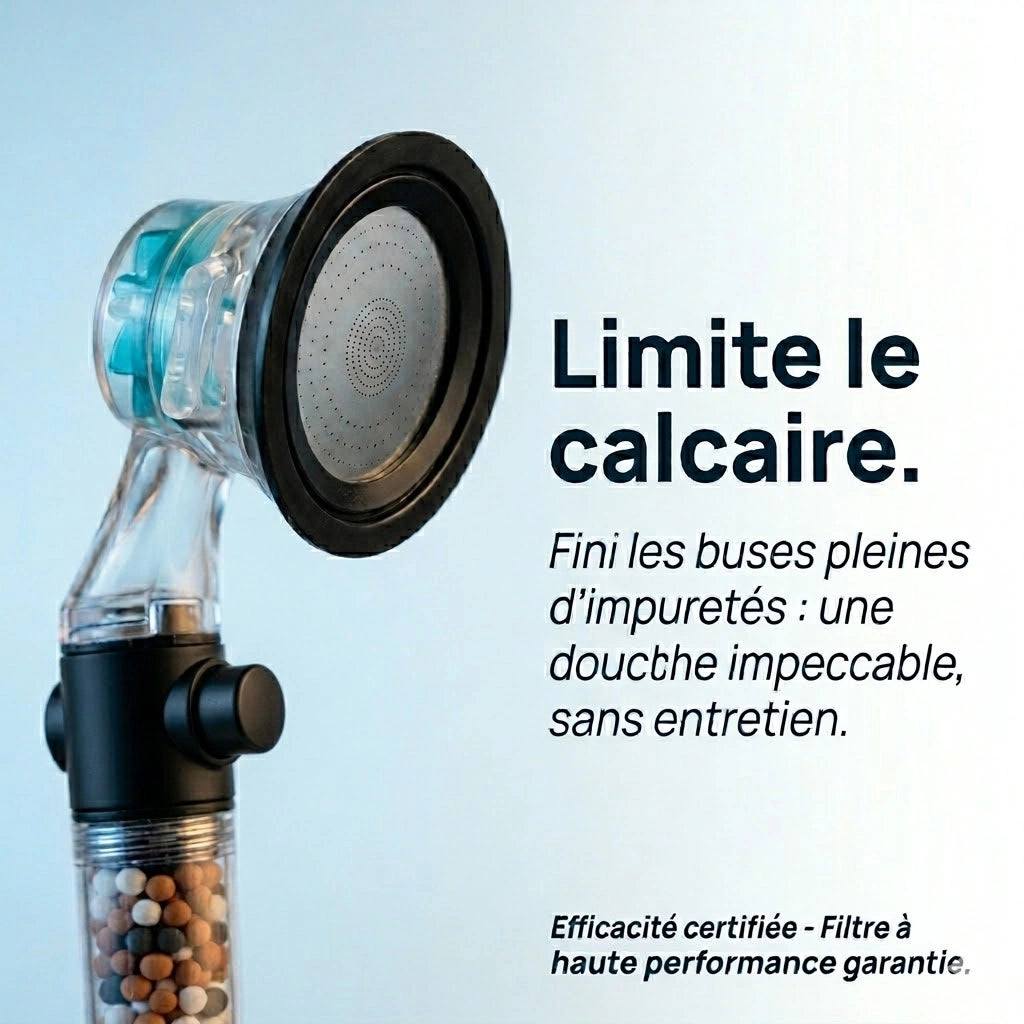 Pommeau de douche hélice anti calcaire à billes - en utilisation dans la douche