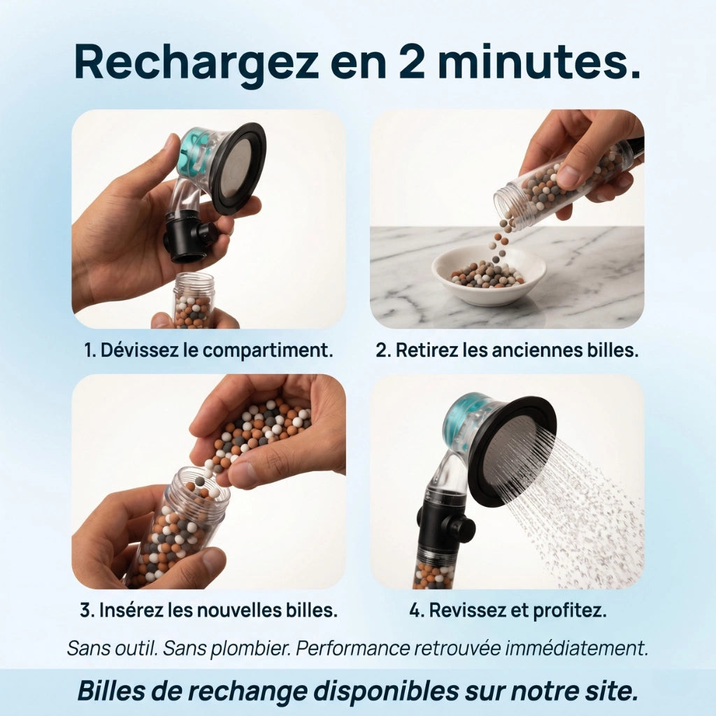 Pommeau de douche hélice anti calcaire à billes - vue de détail sur fond blanc