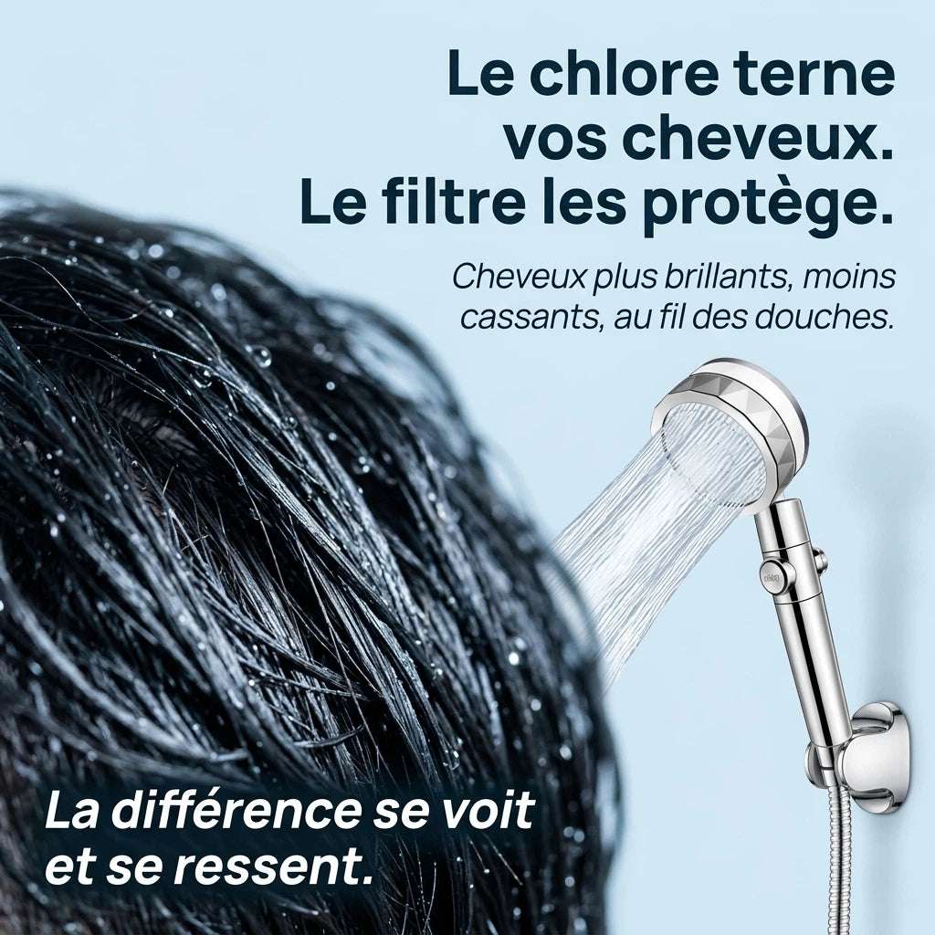 Pommeau de douche filtrant à hélice - vue de face sur fond blanc