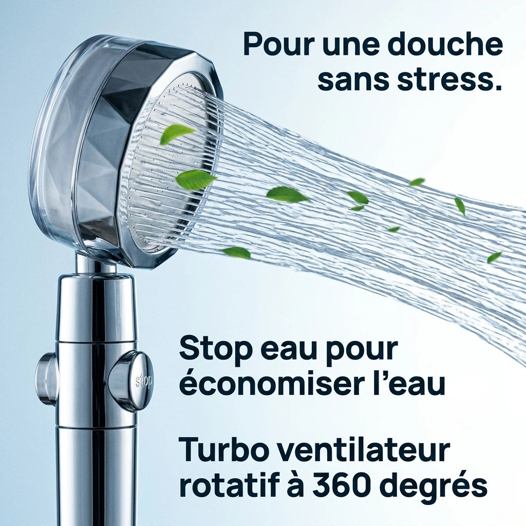 Pommeau de douche filtrant à hélice - vue de côté sur fond blanc