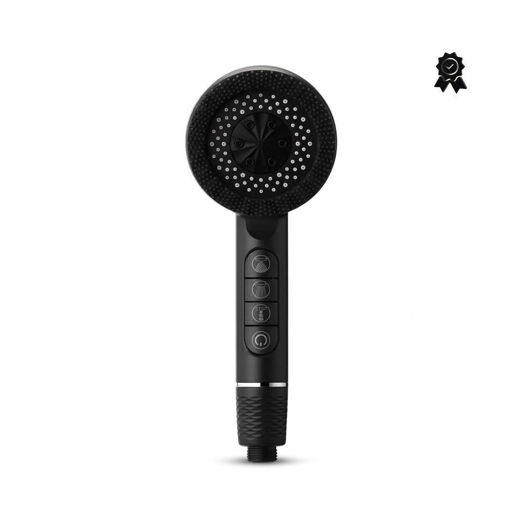 Pommeau de douche intelligent noir vu de face sur fond blanc