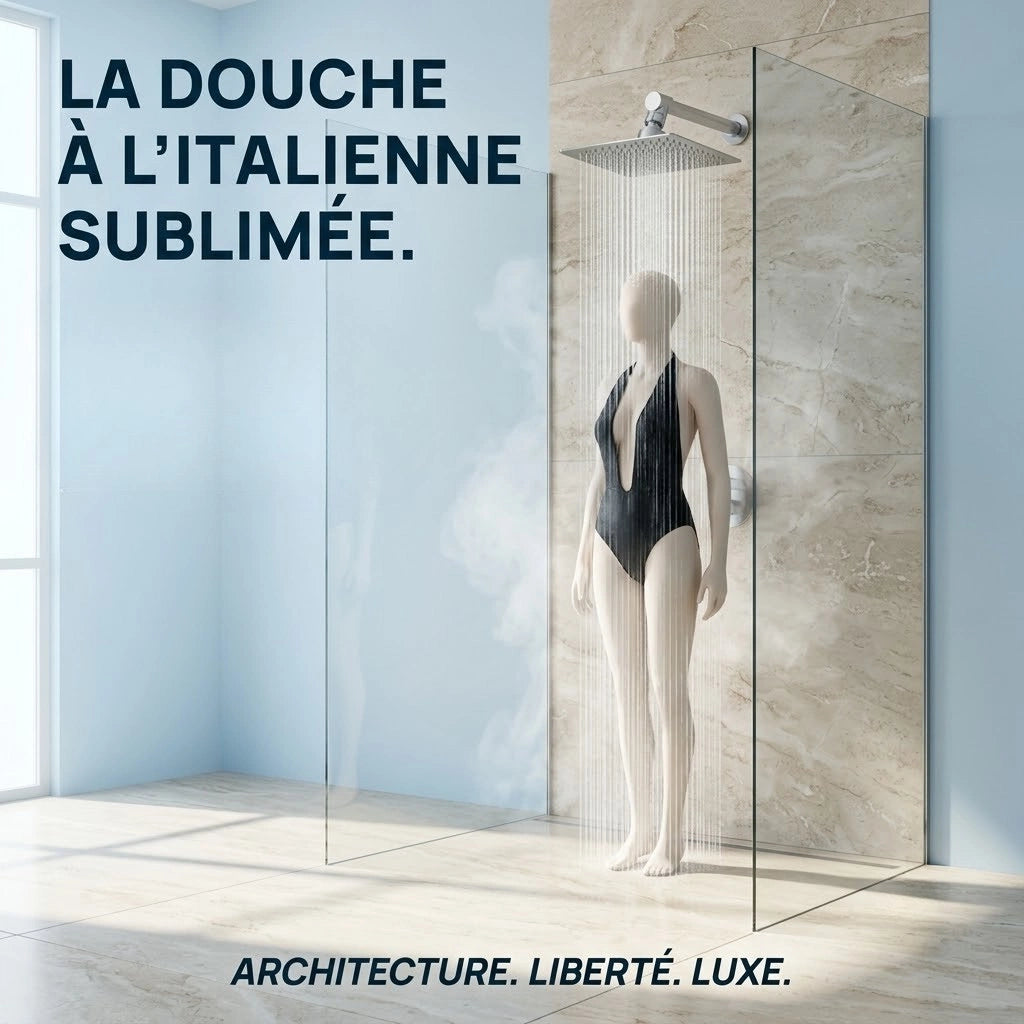 Pommeau de douche italienne carré en acier inoxydable - vue de détail sur fond blanc