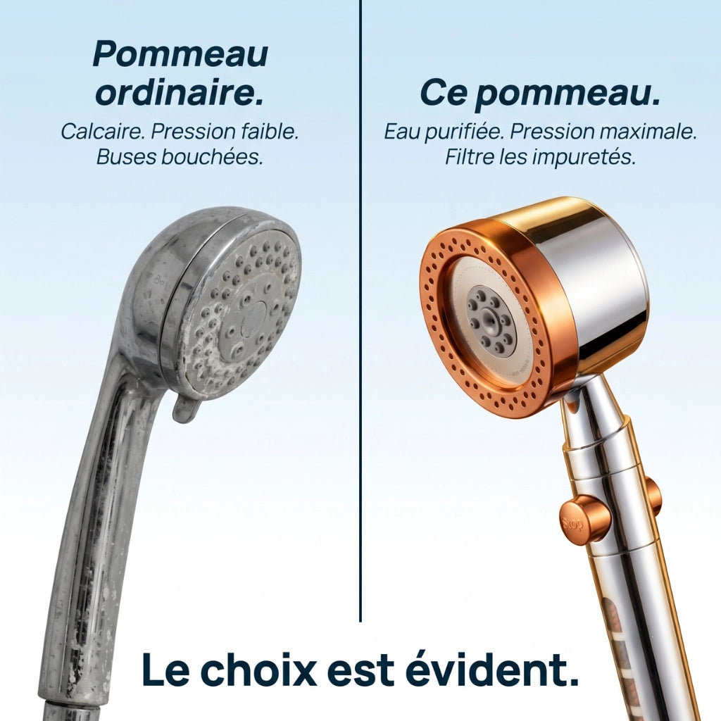 Comparaison d'un pommeau de douche anticalcaire avec jet intense et d'un pommeau ordinaire.