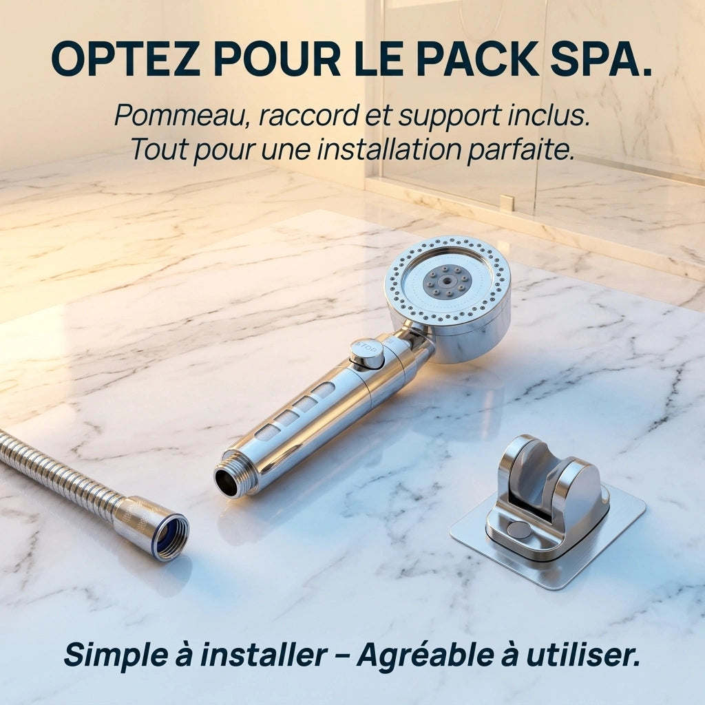 Pack spa qui comprend un pommeau de douche anti calcaire jet puissant un raccord de douche et un support de douche.
