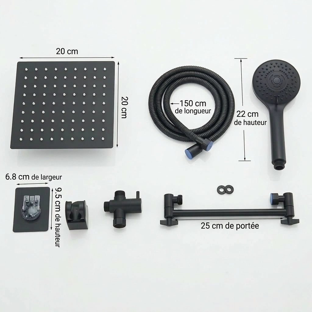 Kit complet pommeau de douche double noir présenté sur fond blanc