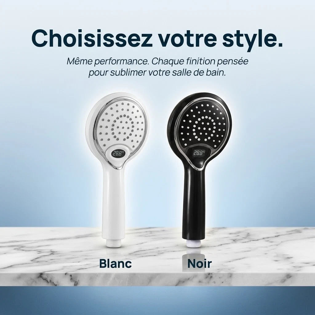 Pommeau de douche à led à affichage numérique - vue de dos sur fond blanc