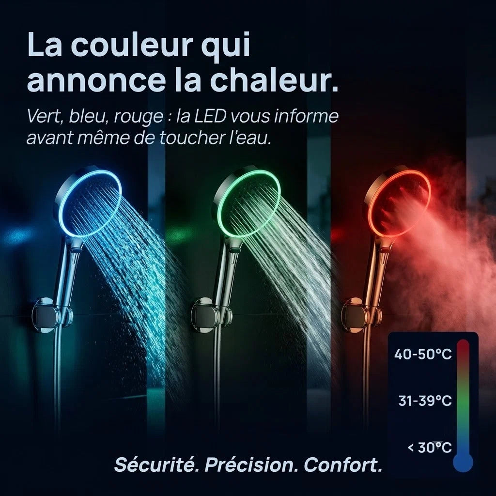 Pommeau de douche lumière ambiante led - vue de face sur fond blanc
