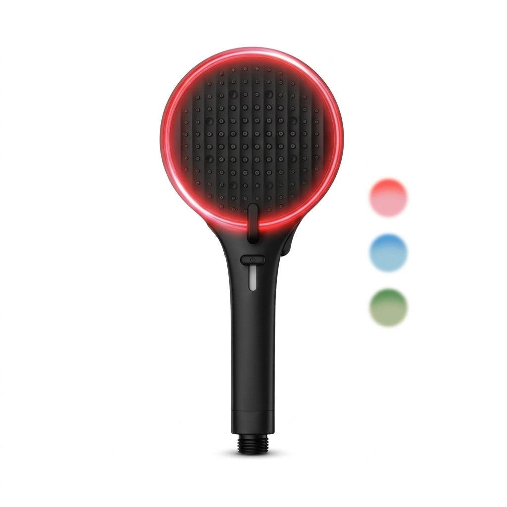 Pommeau de douche noir avec lumière LED ambiance vu de face sur fond blanc