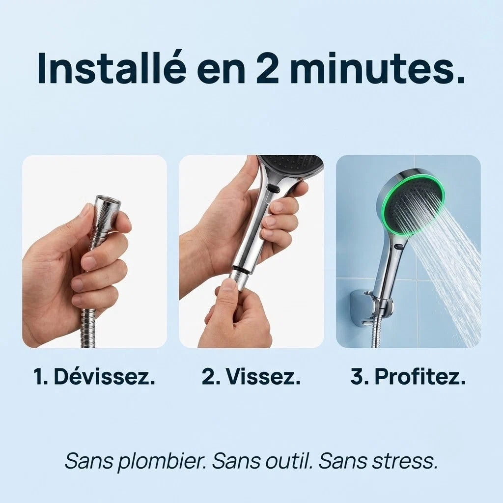 Pommeau de douche lumière ambiante led - vue de côté sur fond blanc