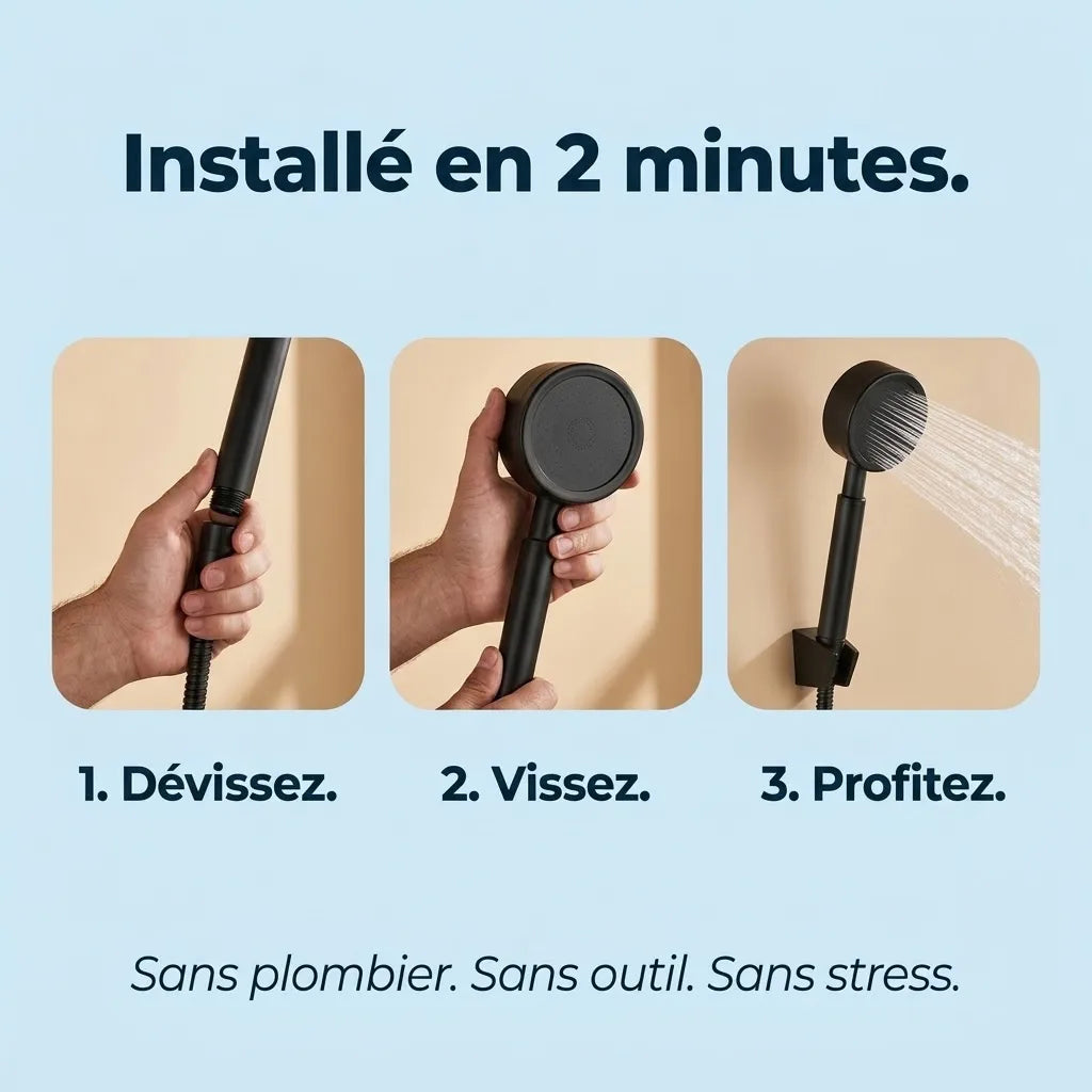 Pommeau de douche haute pression noir en acier inoxydable - vue de détail sur fond blanc