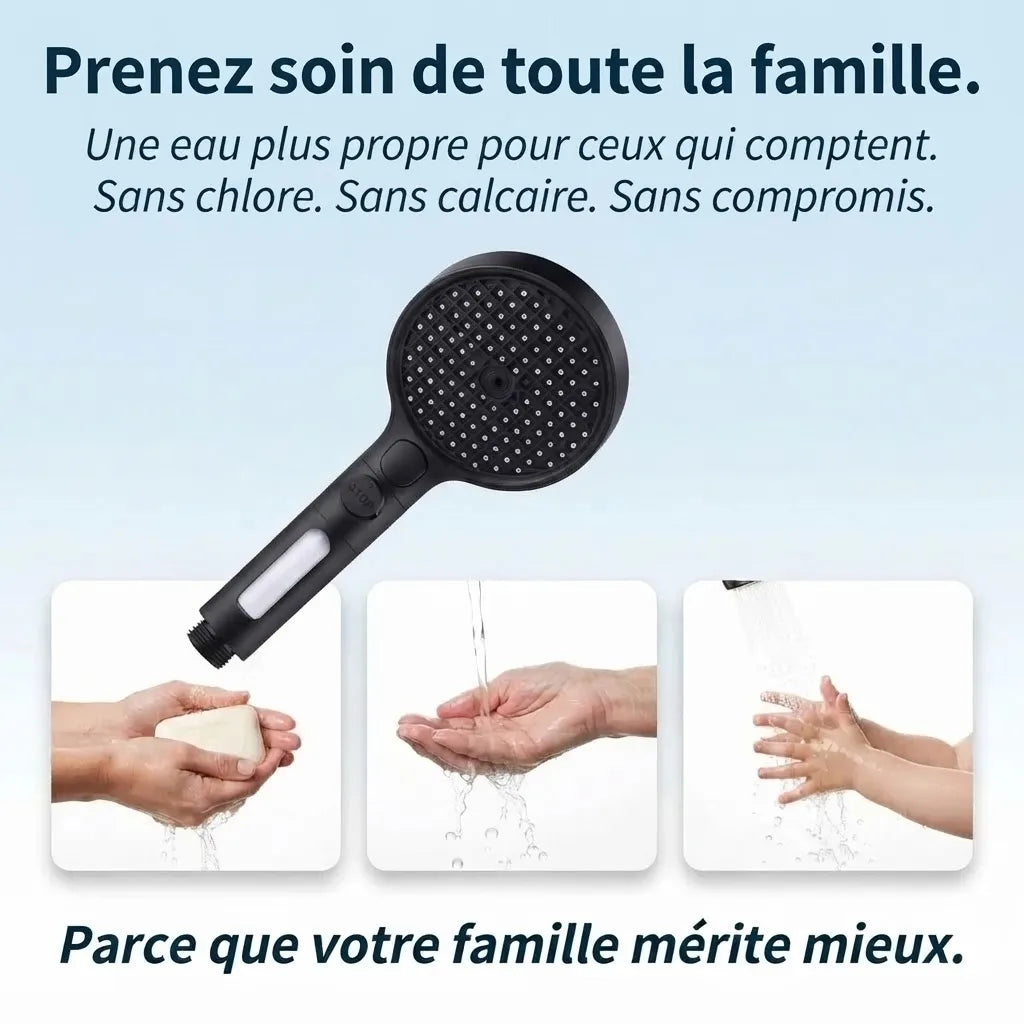 Pommeau de Douche Noir avec Bouton Stop et Filtre - vue de détail sur fond blanc