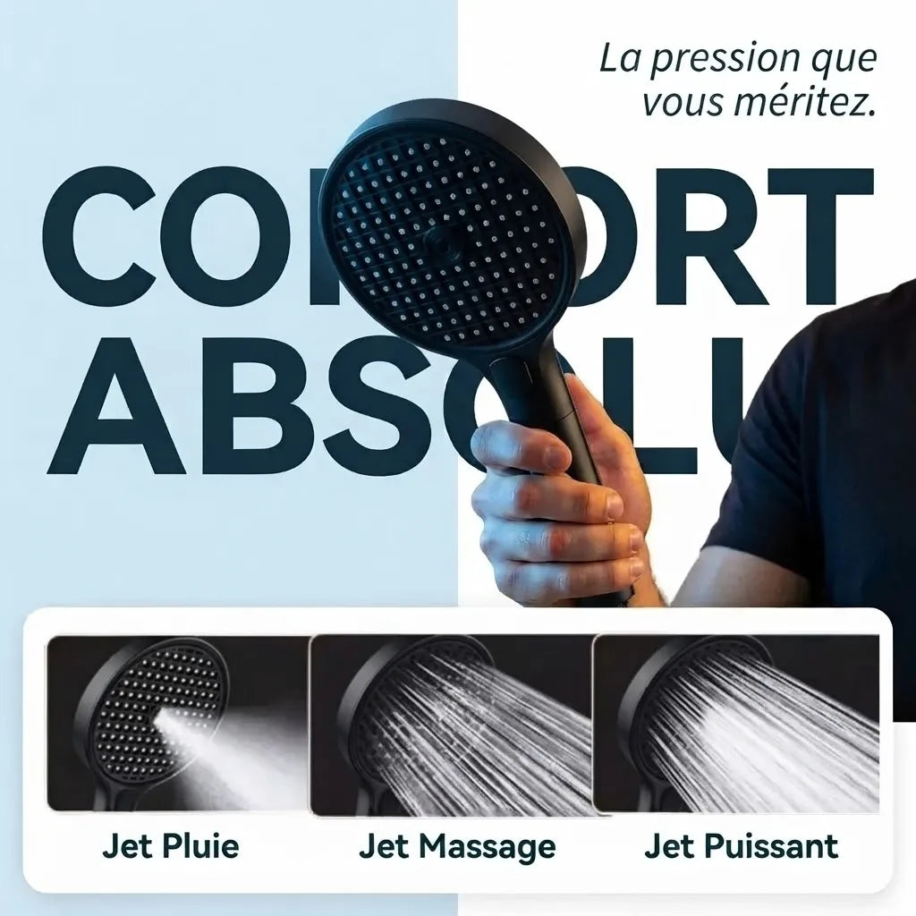 Pommeau de Douche Noir avec Bouton Stop et Filtre - vue de face sur fond blanc