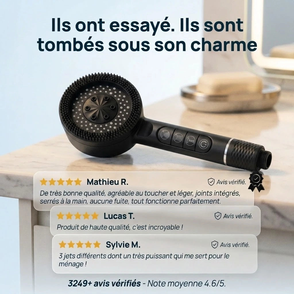 Pommeau de douche intelligent noir - vue de dos sur fond blanc