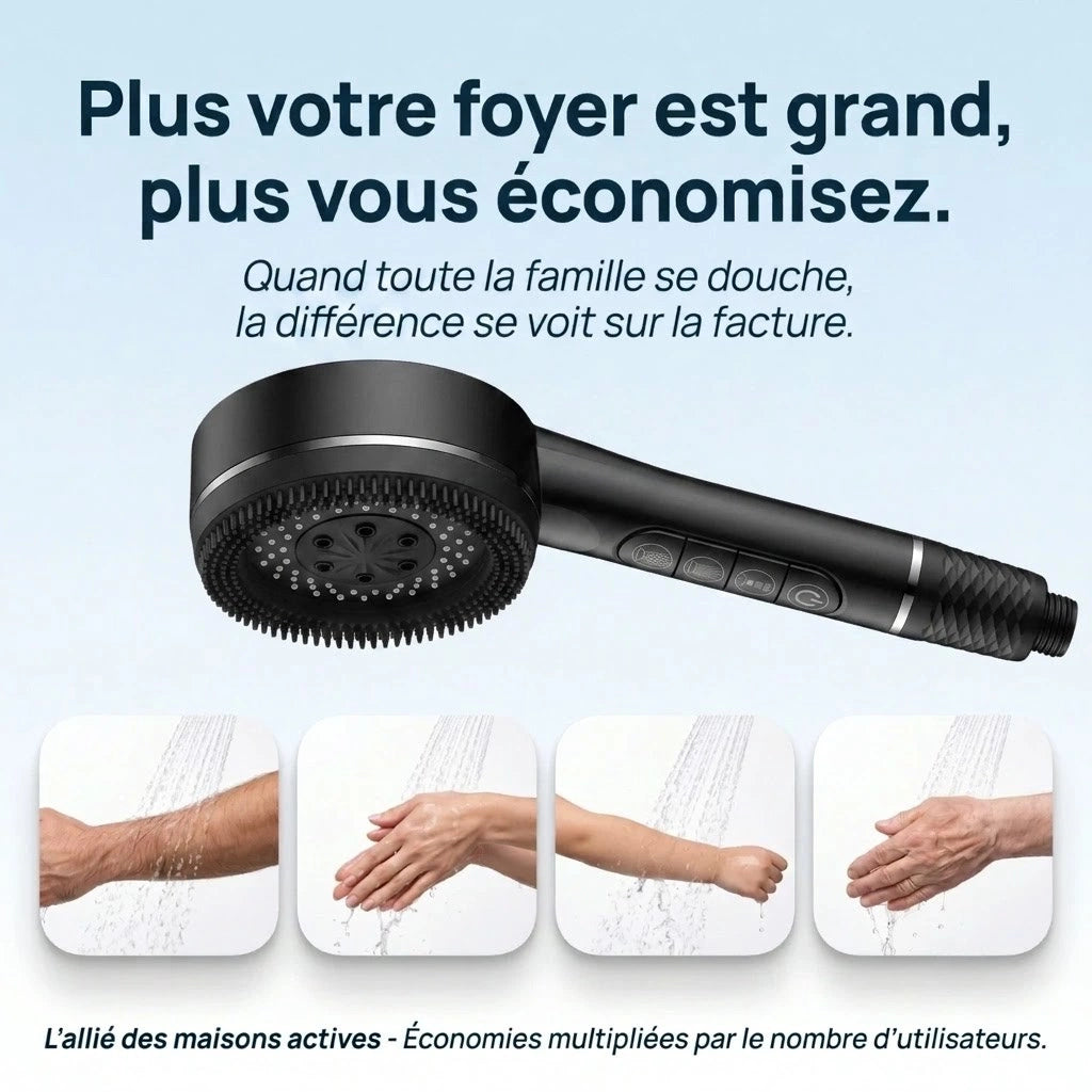 Pommeau de douche intelligent noir - détail des buses sur fond blanc