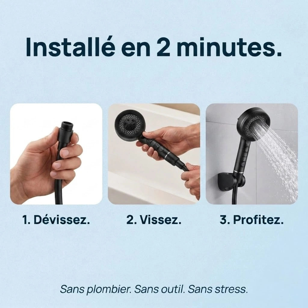 Pommeau de douche intelligent noir - vue de face sur fond blanc