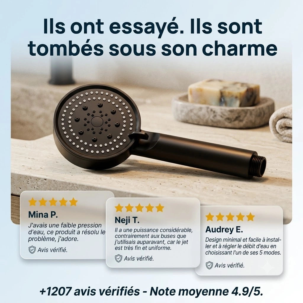 Pommeau de douche noir design - vue de détail sur fond blanc