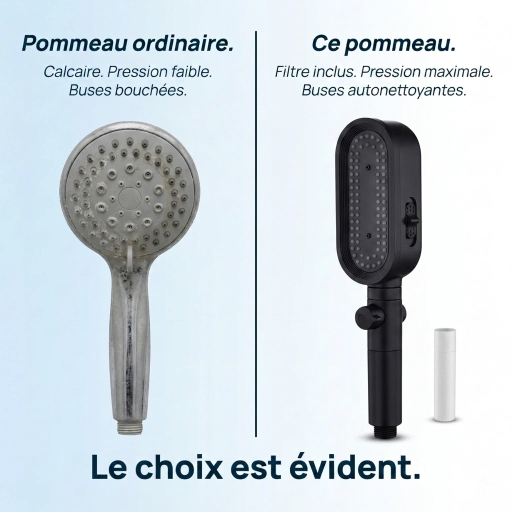 Pommeau de douche noir à filtre - vue de dos sur fond blanc