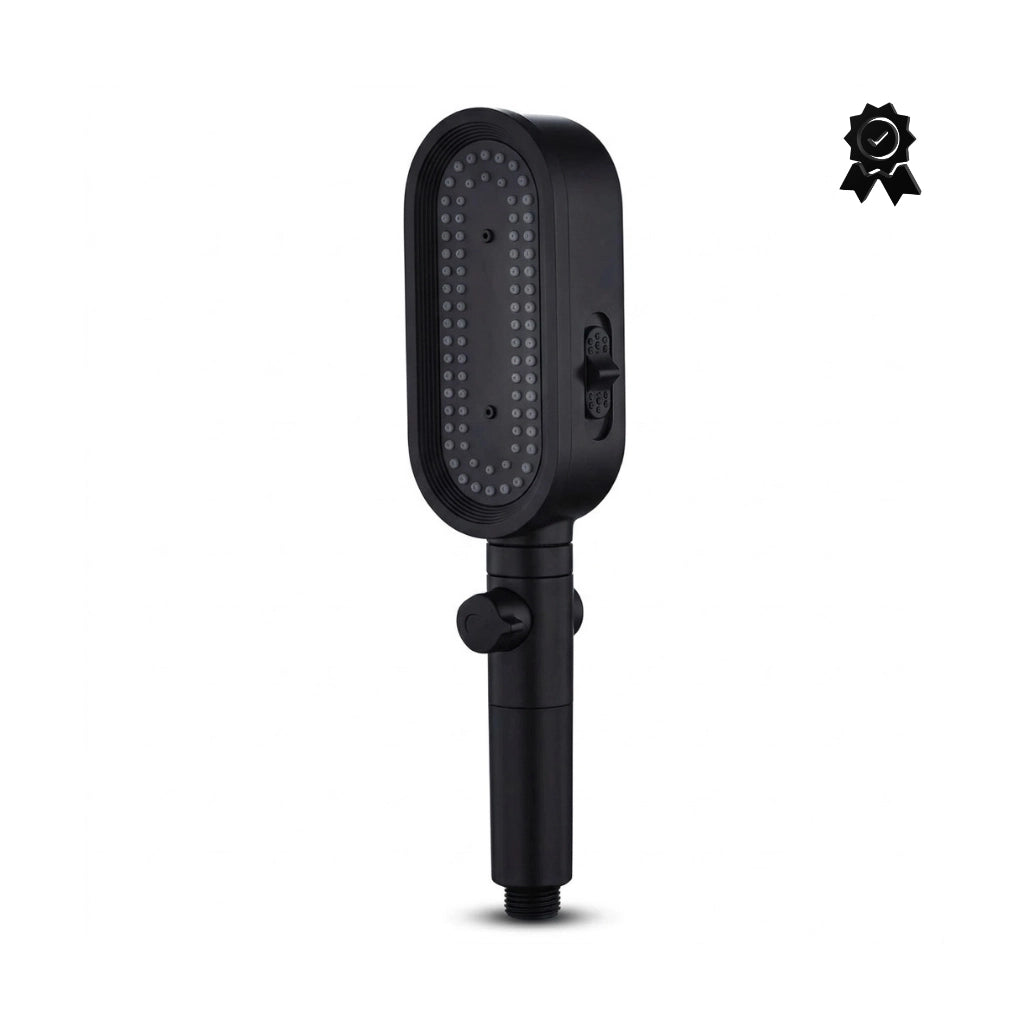 Pommeau de douche noir avec système de filtration présenté de côté