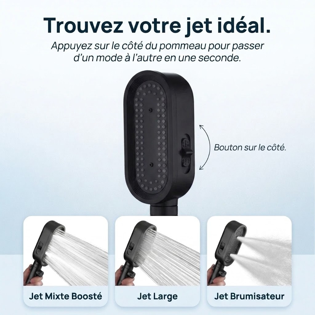 Pommeau de douche noir à filtre - détail des buses sur fond blanc