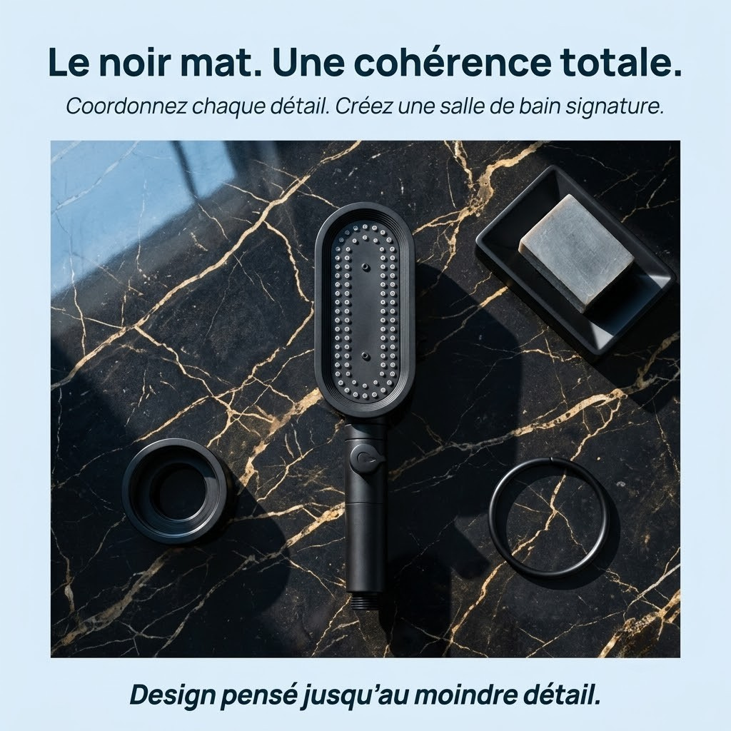 Pommeau de douche noir à filtre - vue rapprochée sur fond blanc