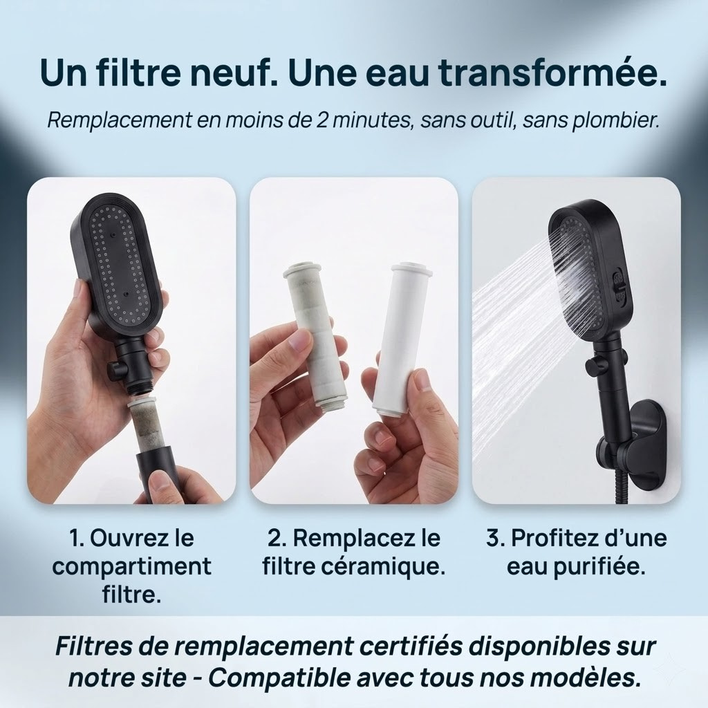 Pommeau de douche noir à filtre - vue de détail sur fond blanc