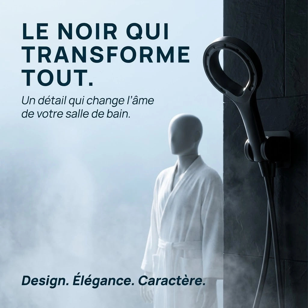 Pommeau de douche noir pressurisé - vue de détail sur fond blanc