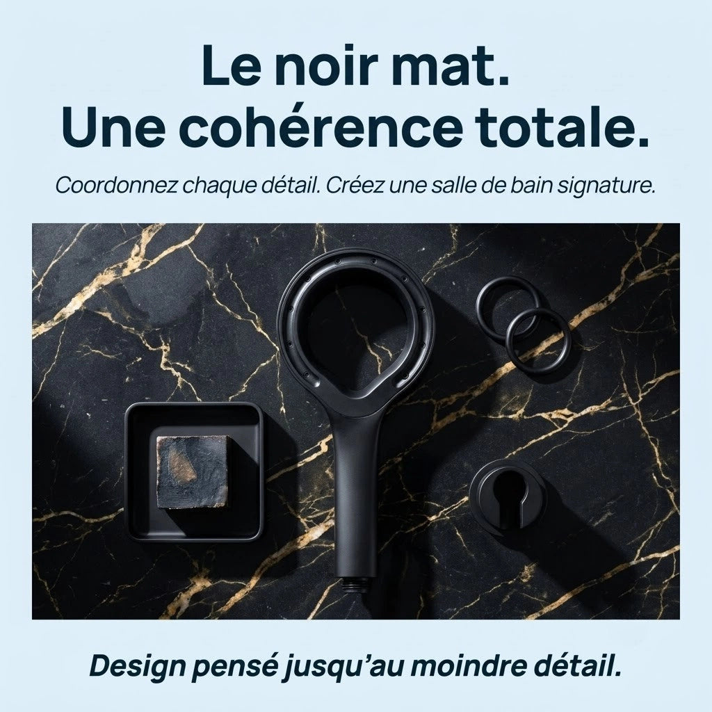 Pommeau de douche noir pressurisé - détail des buses sur fond blanc