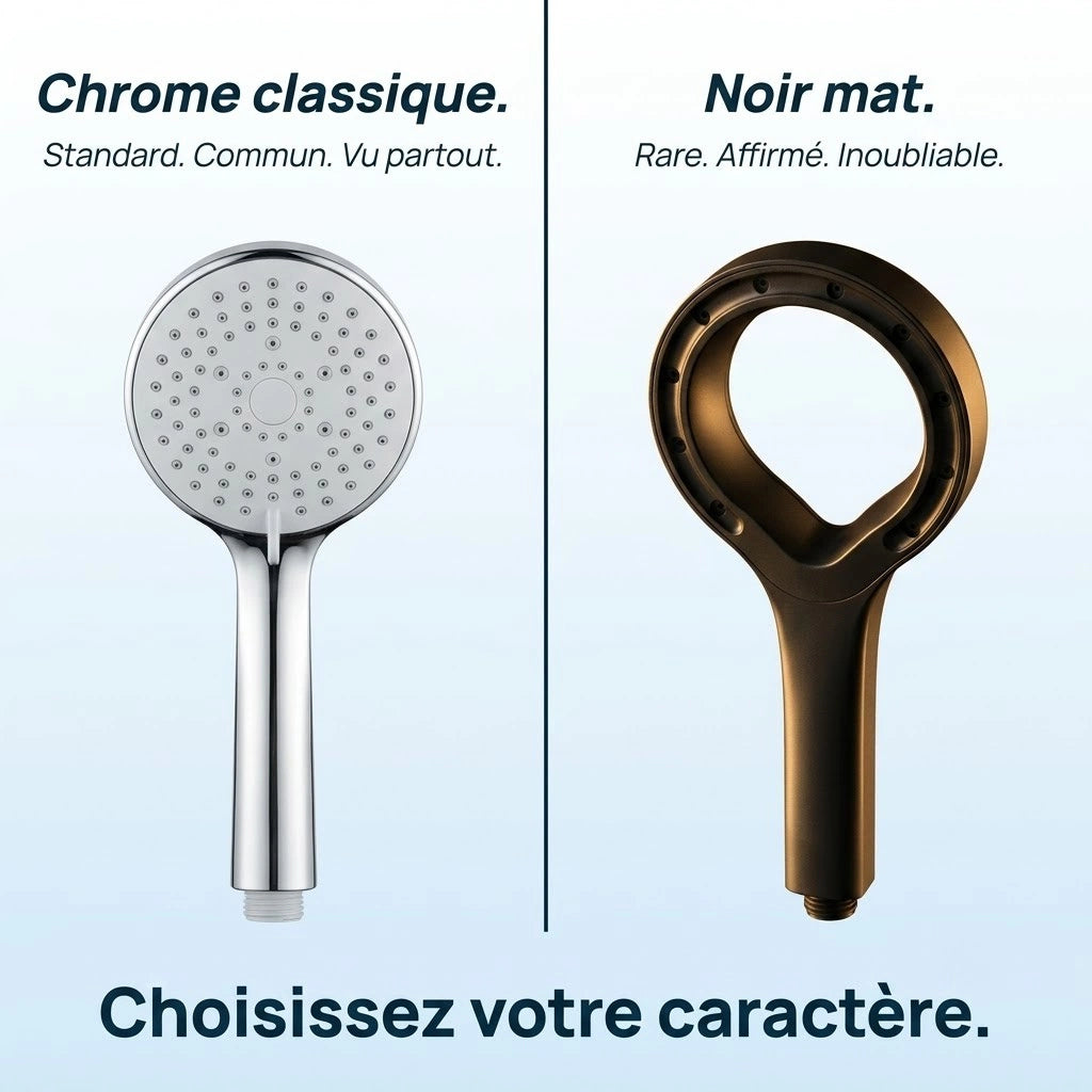 Pommeau de douche noir pressurisé - vue de face sur fond blanc