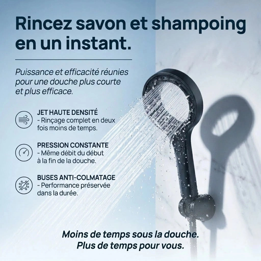 Pommeau de douche noir pressurisé - vue de dos sur fond blanc