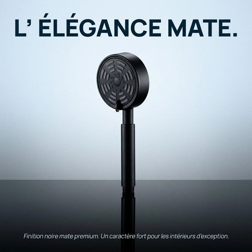 Pommeau de douche noir pulvérisateur - détail des buses sur fond blanc