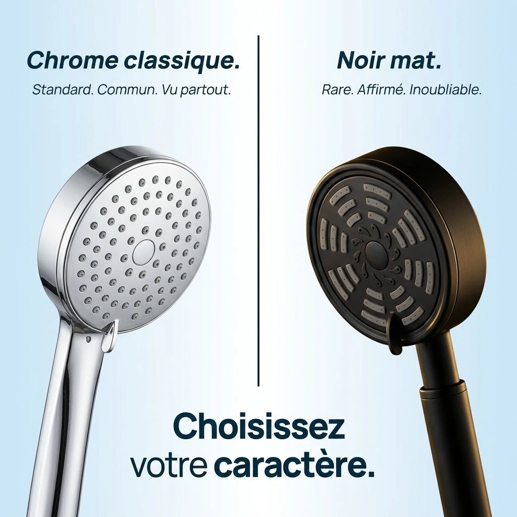 Pommeau de douche noir pulvérisateur - vue de face sur fond blanc